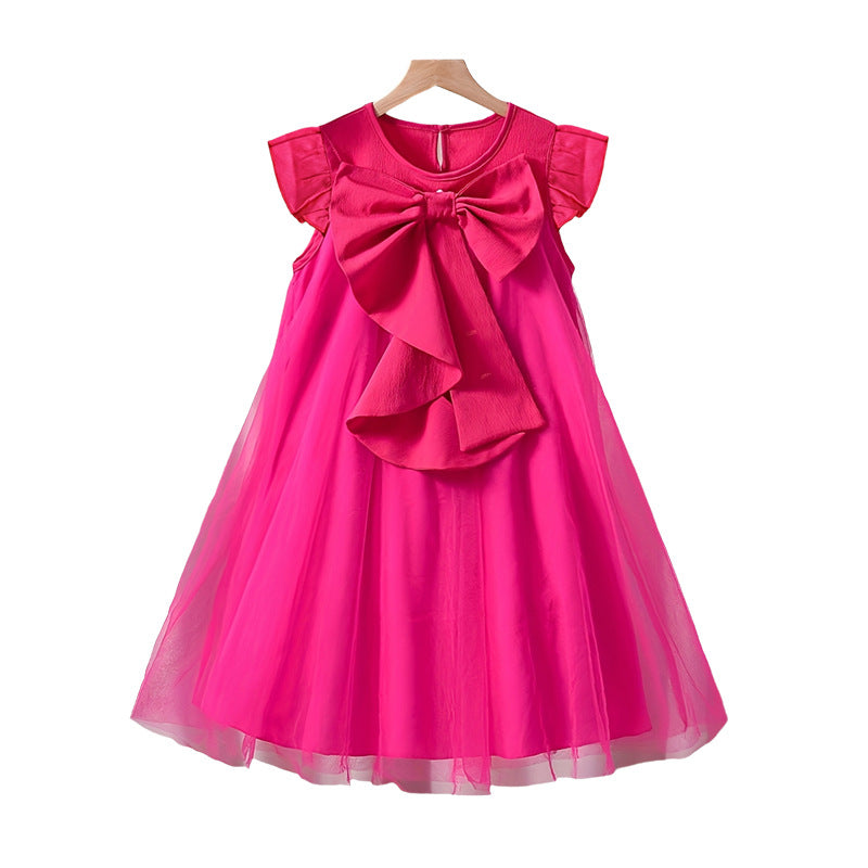 Pink girls' dress - mesh bowknot pleated princess dress - sleeveless a-line sundress for toddlers and young children