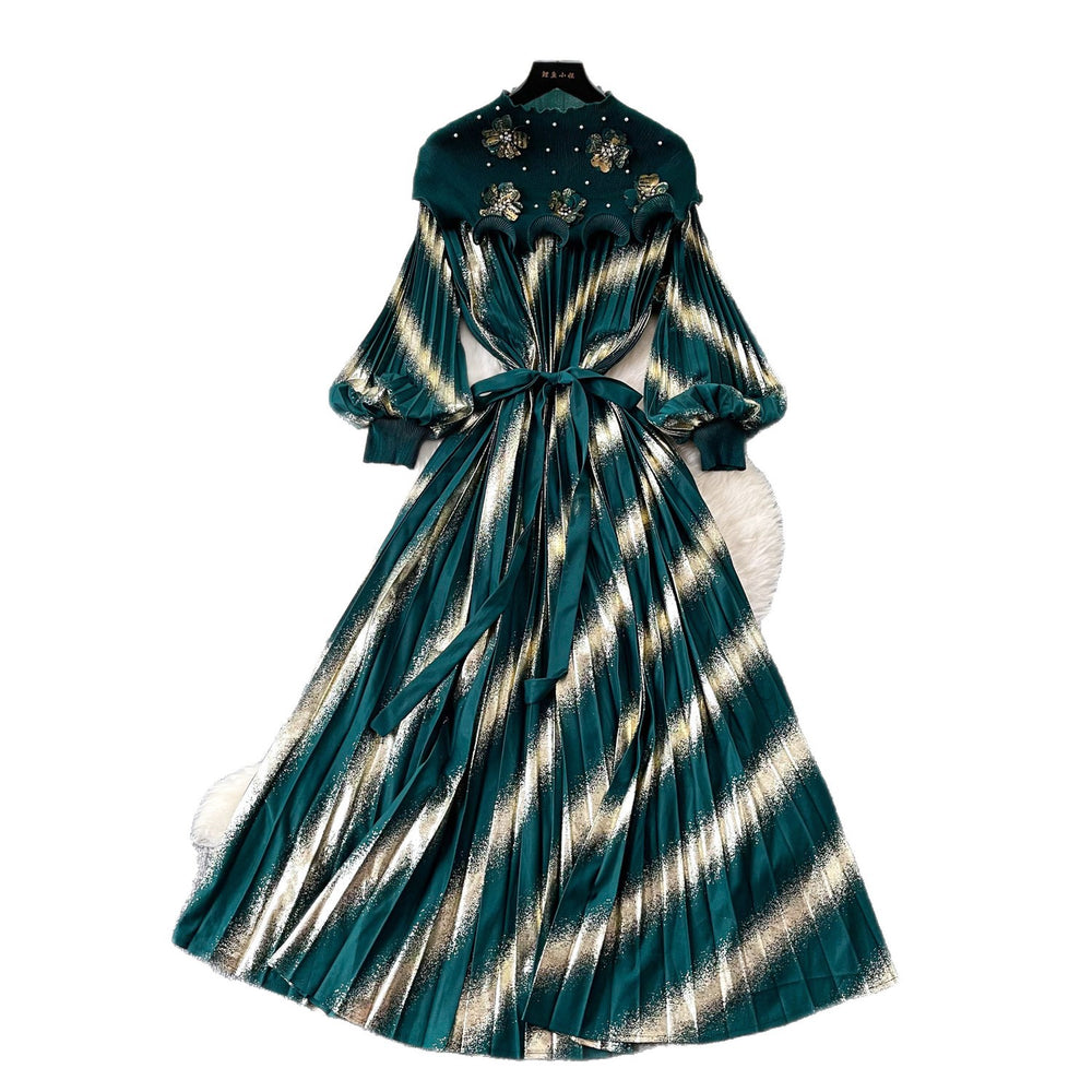 Heavy-duty beaded and gold-stamped lantern sleeve a-line dress for women, perfect for spring. features a cinched waist for a slimming effect, elegant and subtly luxurious design, and a full, flowing skirt