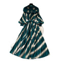 Heavy-duty beaded and gold-stamped lantern sleeve a-line dress for women, perfect for spring. features a cinched waist for a slimming effect, elegant and subtly luxurious design, and a full, flowing skirt
