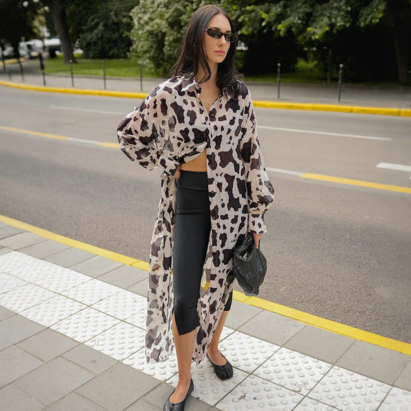 Niche design dairy cow pattern sunscreen shirt women's long  wholesale trend casual chiffon long-sleeved dress