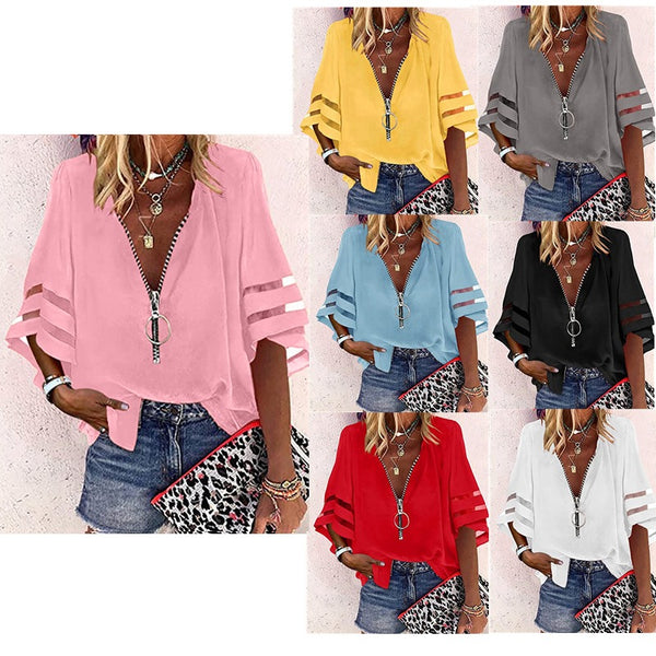 2025 Europe, America, 's new V-neck zipper shirt, half-flared sleeve grid splicing, loose casual shirt women