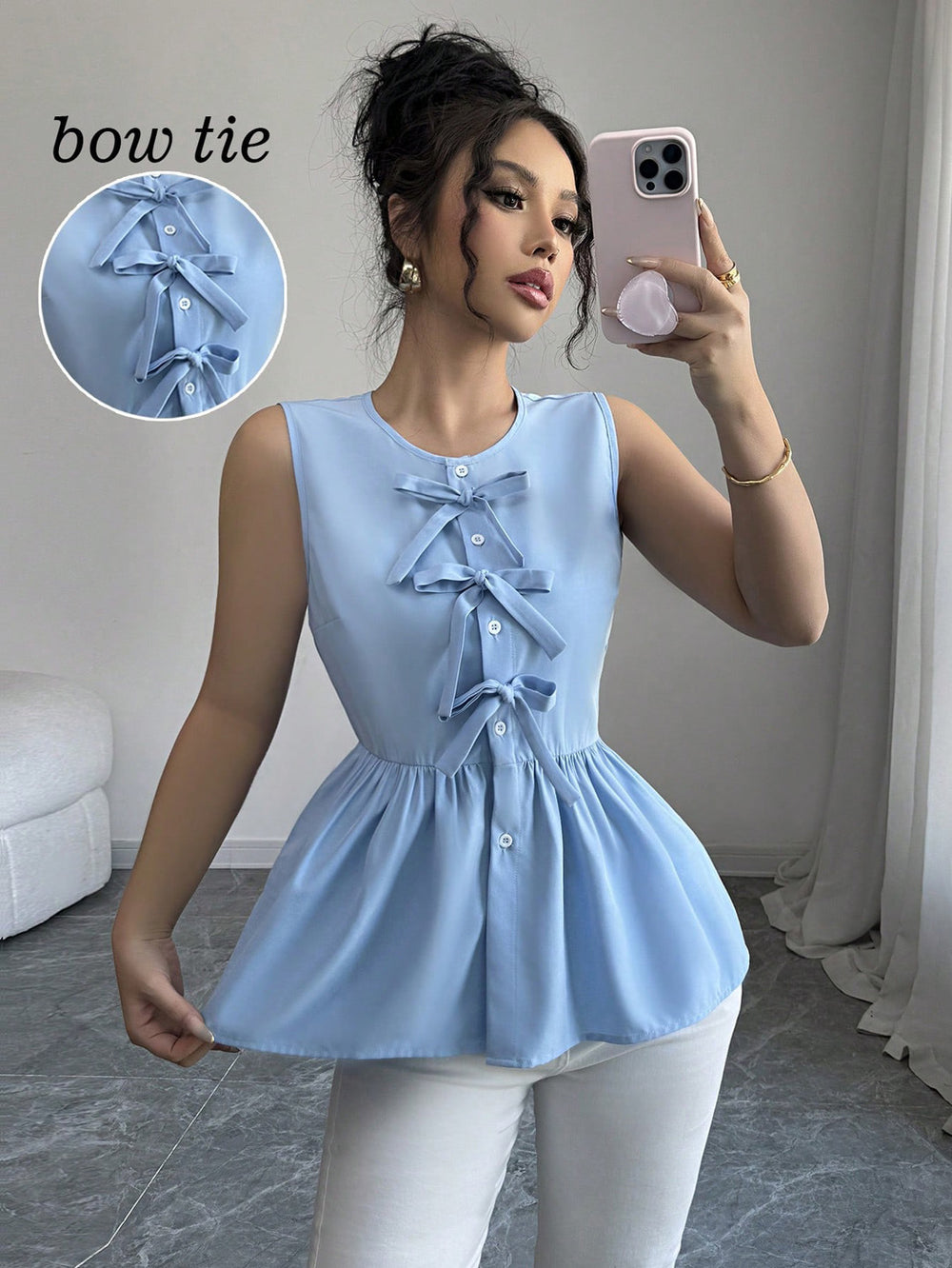 fashion  summer new arrival light blue bows sleeveless tops waist rufflesslimming look vest