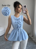 fashion  summer new arrival light blue bows sleeveless tops waist rufflesslimming look vest