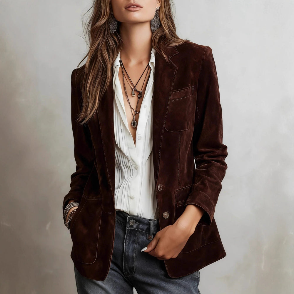 european and american autumn women's cross-border fashion: elegant brown suede jacket with pockets and button closure