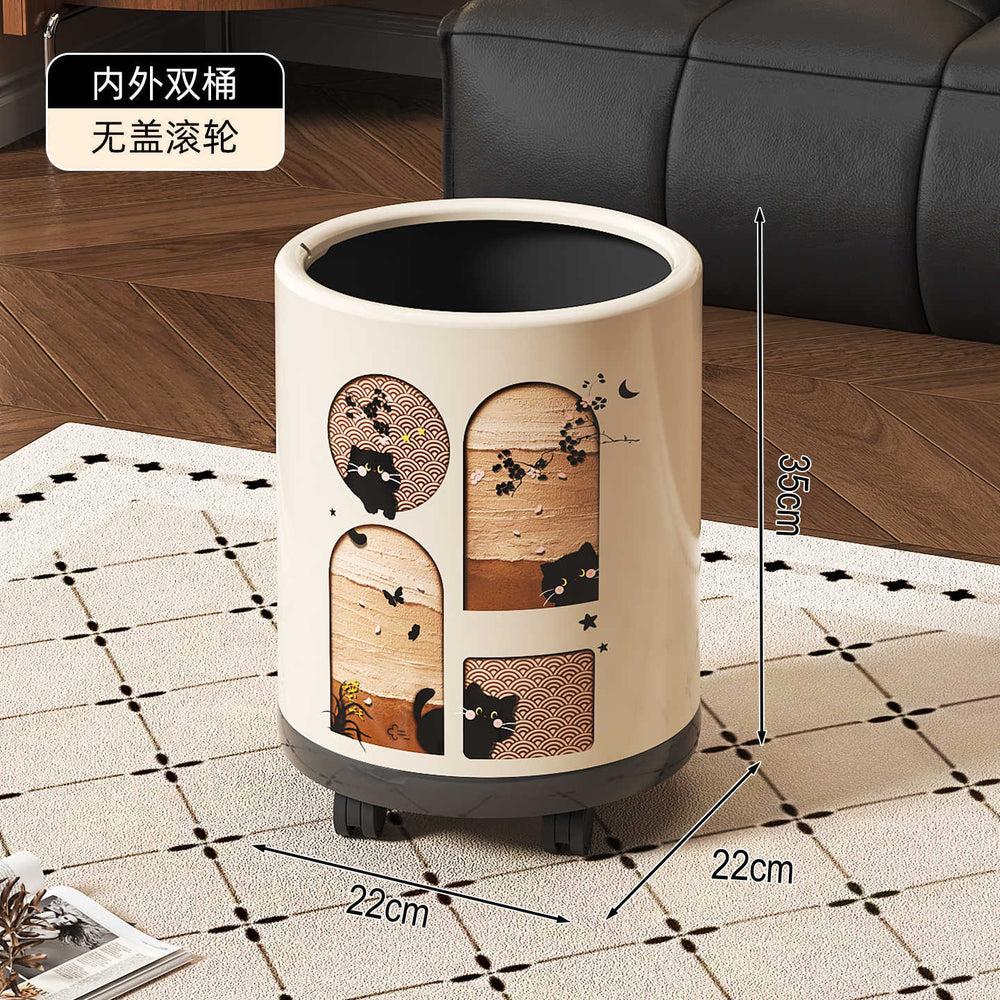 Retroins style little black cat printing trash can with pulleys for home high-looking living room kitchen large garbage basket