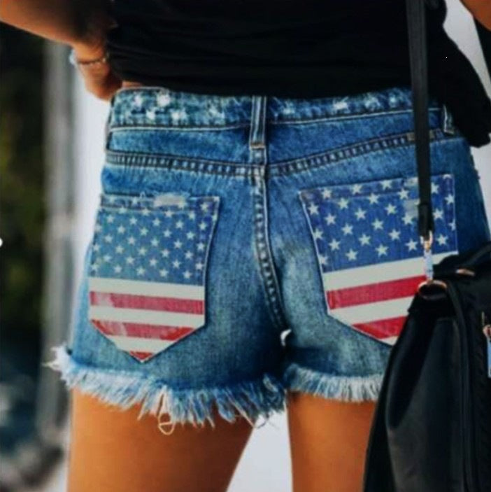 European and american cross-border women's fashion:  us classic independence day flag print  denim distressed shorts for women
