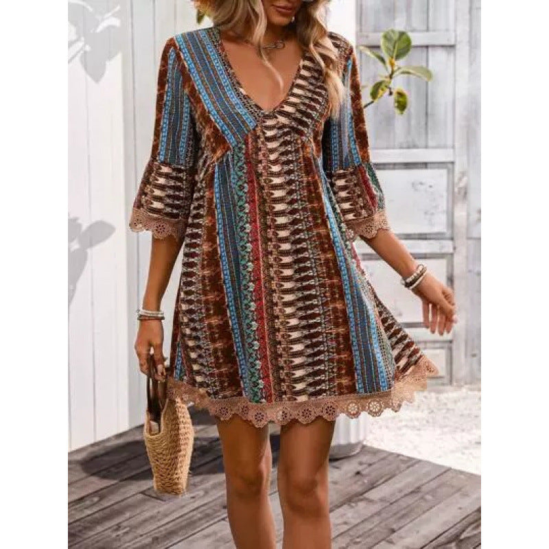 Lace-trimmed cross-border independent station summer european and american style new v-neck printed casual maxi dress