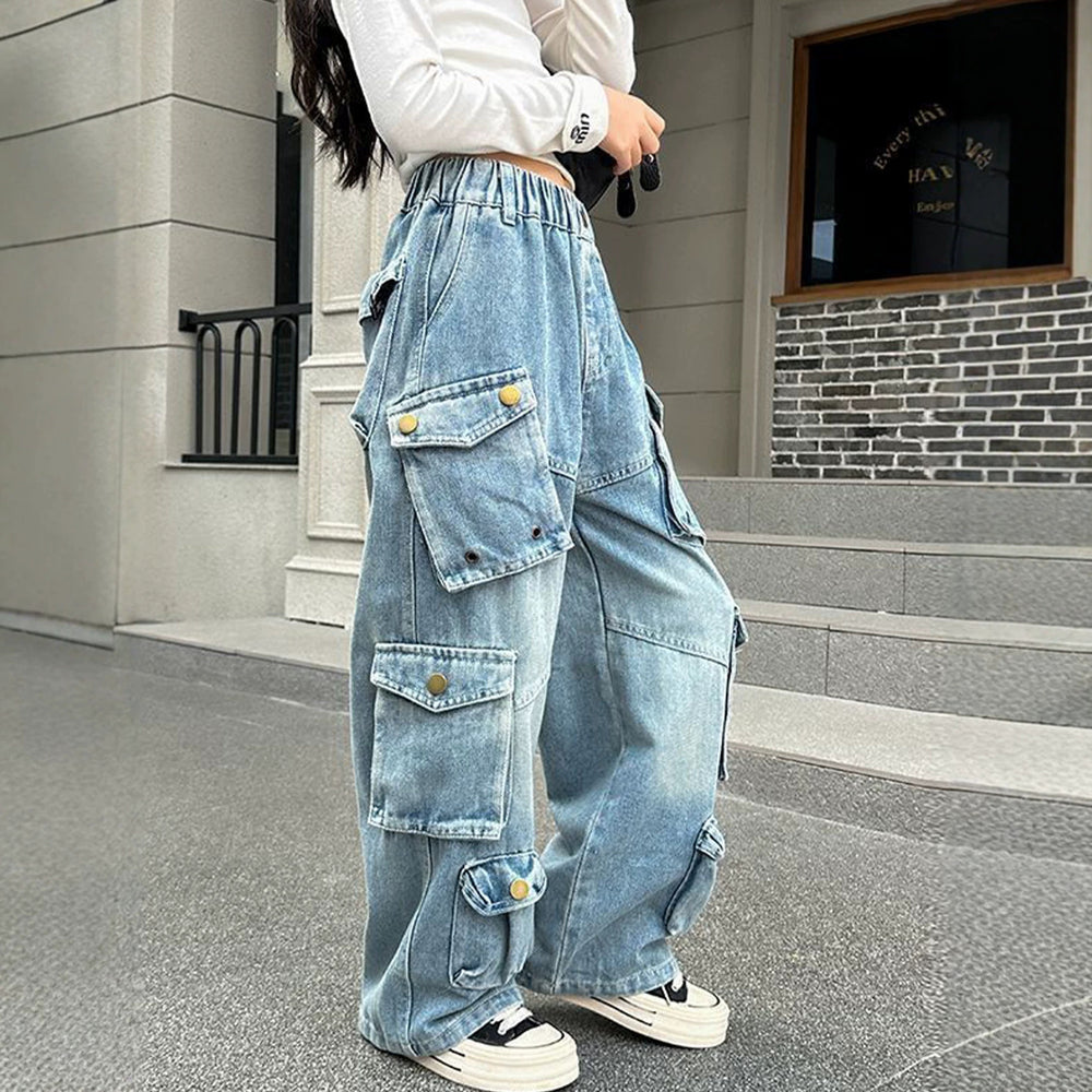 girls' spring/autumn denim pants: new styles for mid-to-large children, loose-fit casual straight-leg trousers, stylish and versatile wide-leg pants for kids