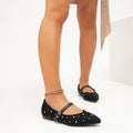 Fashion classic black suede pointed toe studded mary jane shoes women's retro style flatsflats pointed toe mary jane