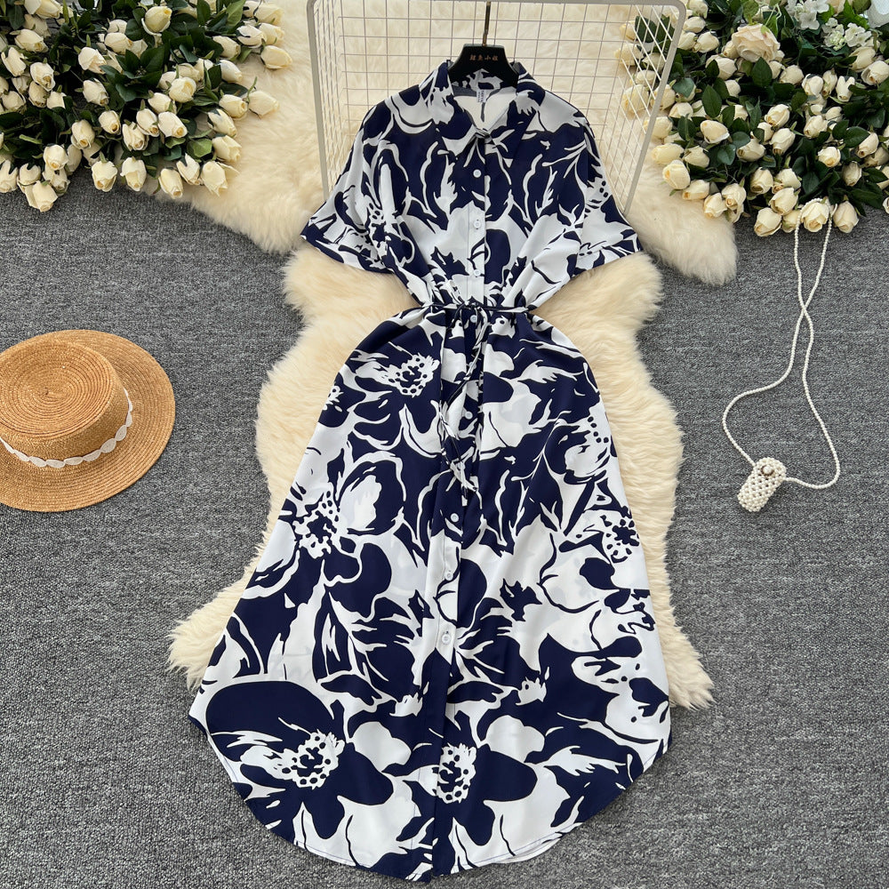 European and american style printed short-sleeve dress - women's autumn polo collar tie-waist design, unique and chic, elegant maxi dress