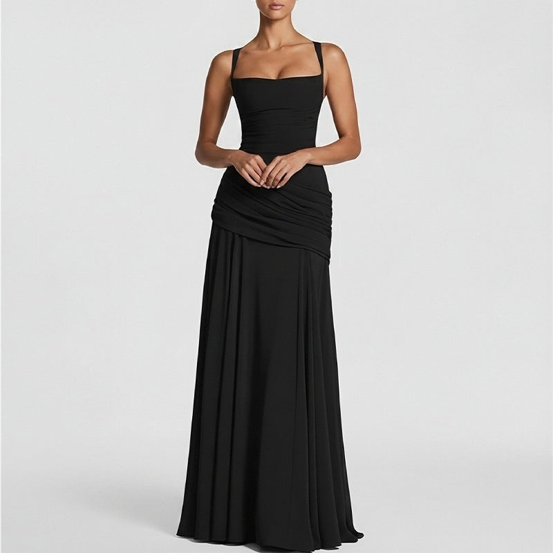 european and american summer new arrival: cross-border women's fashion - elegant solid color sleeveless cinched waist swing dress with spaghetti straps