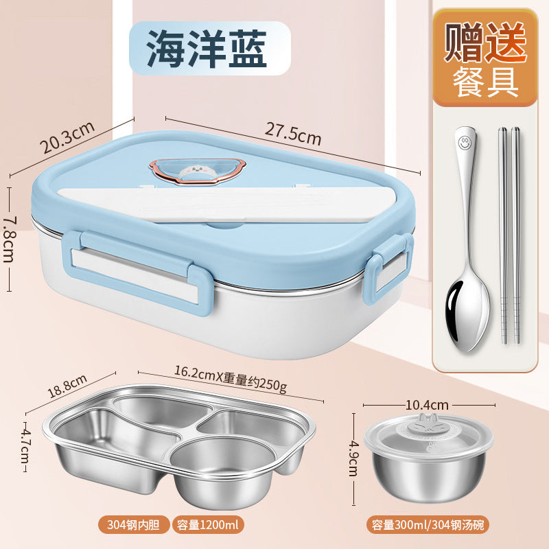 Food grade 304 stainless steel lunch box, large-capacity work portable grid lunch box, student cartoon dinner plate bento box