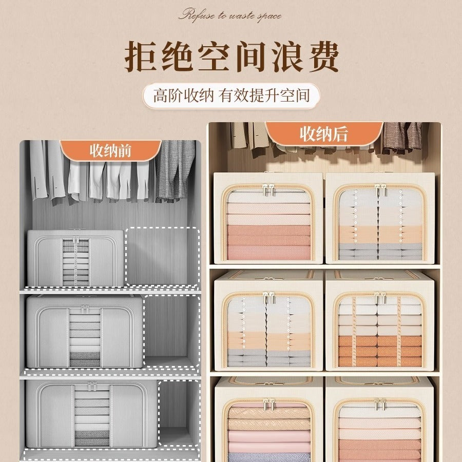 Large visual window, clothes storage box, underwear storage zipper, cotton and linen storage, steel frame folding, deepening, moisture-proof finishing