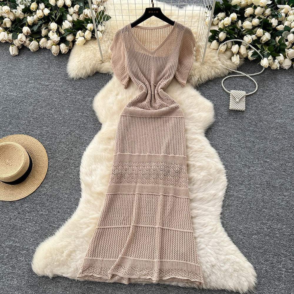 Korean style women's high-end hollow-out crochet knit dress with cinched waist and flutter sleeves, two-piece set with inner slip dress