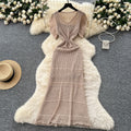 Korean style women's high-end hollow-out crochet knit dress with cinched waist and flutter sleeves, two-piece set with inner slip dress