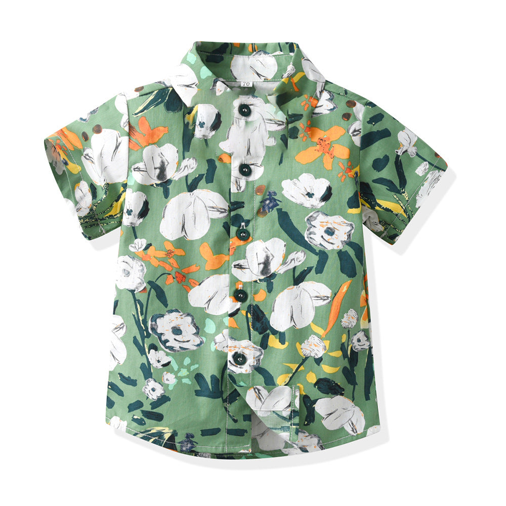 European and american cross-border children's clothing: dad & son vacation outfit, family matching beach style short-sleeve boy's floral shirt