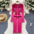 Classy small fragrance style retrocontrast color round neck button decoration waist slimming lookelegant bottom knitting shirt dress