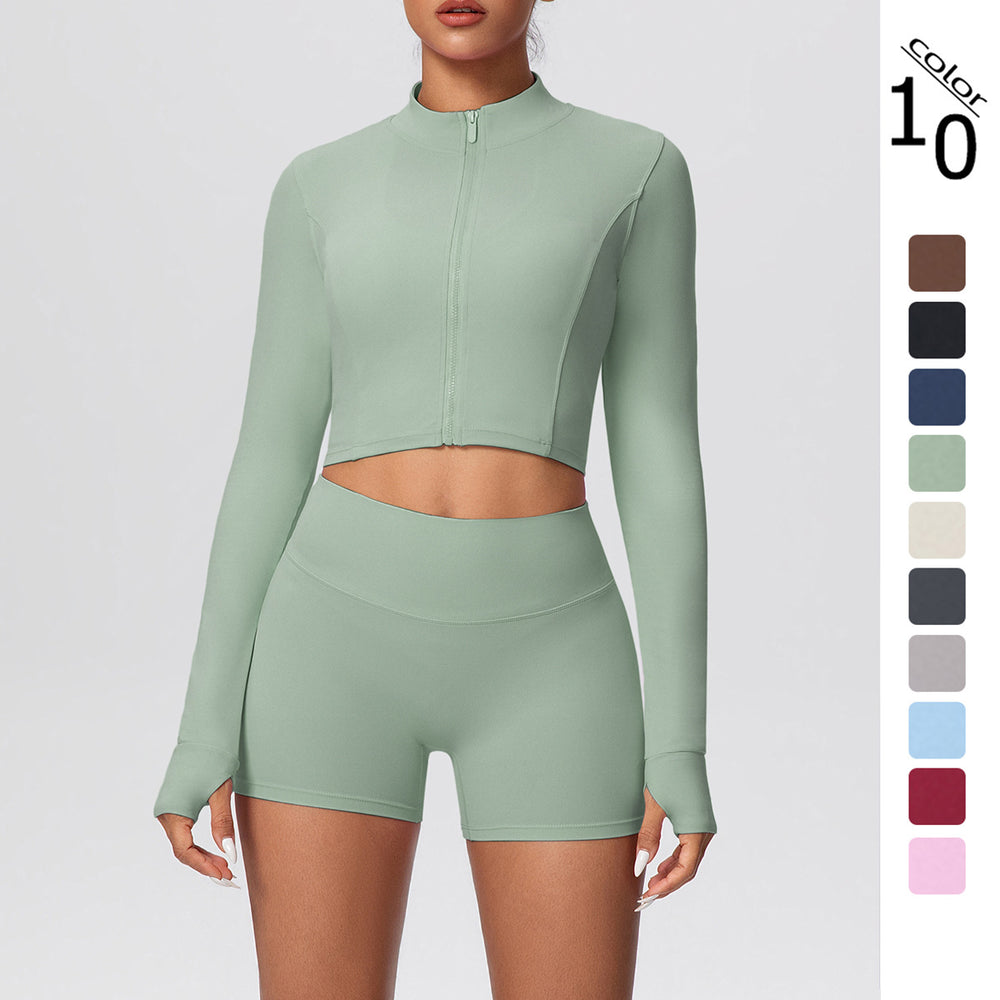 High-waisted, butt-lifting, form-fitting athletic shorts with a zip-up outer layer – a barely-there, casual running and fitness outfit set, perfect for yoga