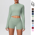 High-waisted, butt-lifting, form-fitting athletic shorts with a zip-up outer layer – a barely-there, casual running and fitness outfit set, perfect for yoga