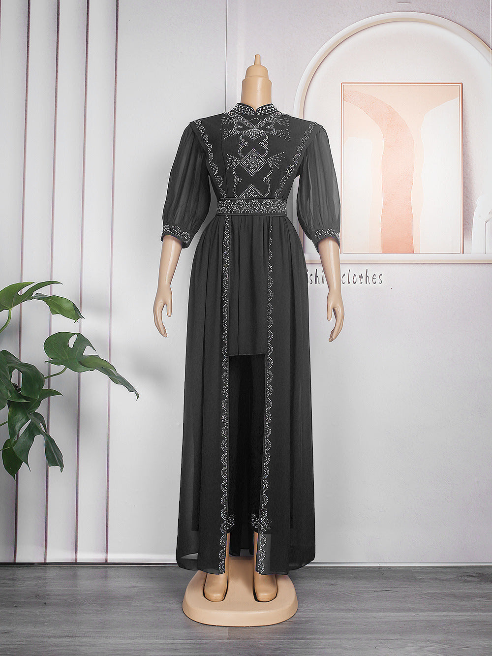 new autumn/winter rhinestone & beaded african  women's plus size irregular maxi dress + pants two-piece set