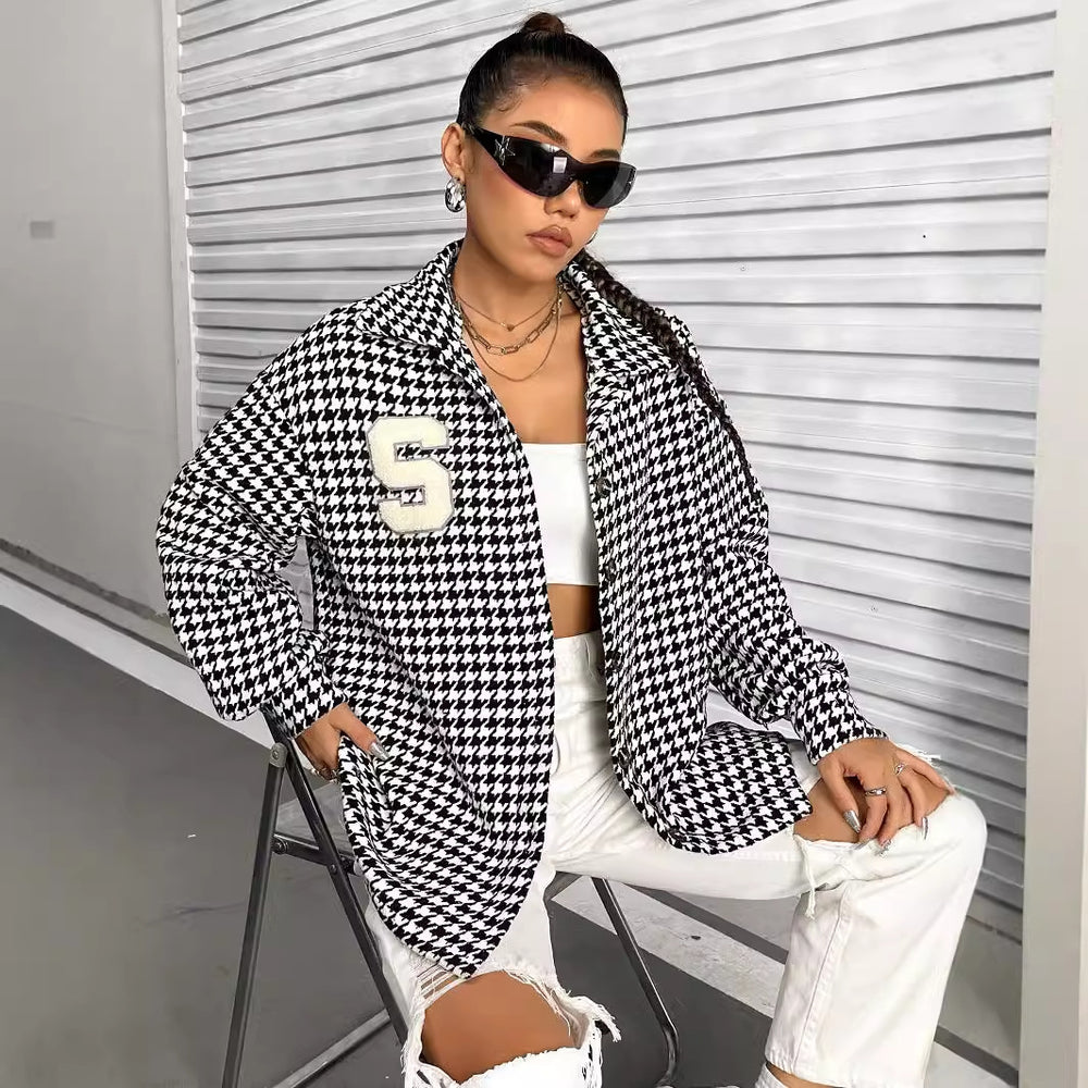 Ready-to-ship 53250# cross-border fashion women's new autumn/winter retro color block houndstooth turn-down collar jacket