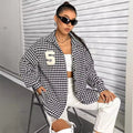 Ready-to-ship 53250# cross-border fashion women's new autumn/winter retro color block houndstooth turn-down collar jacket