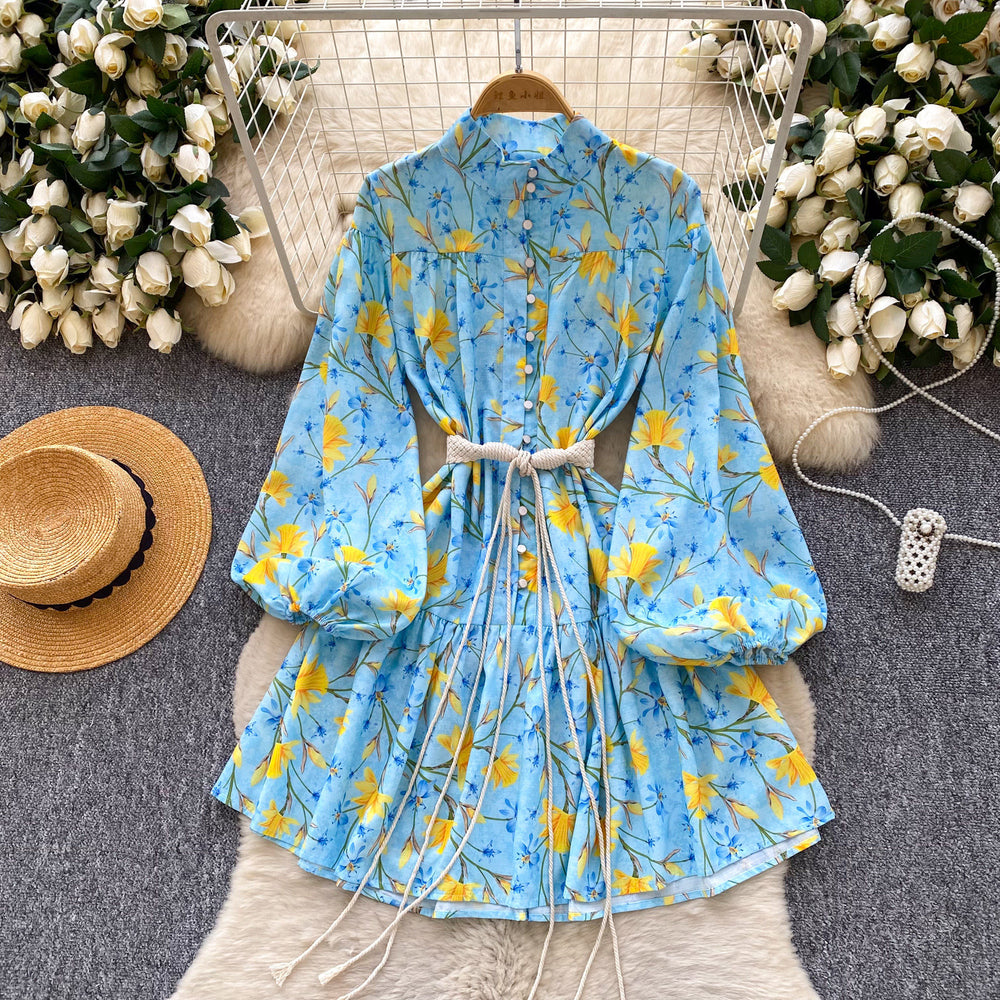 Frenchretro blue long sleeves floral dress female k-style stand collar tie back waist slimming look a-line skirt lady style