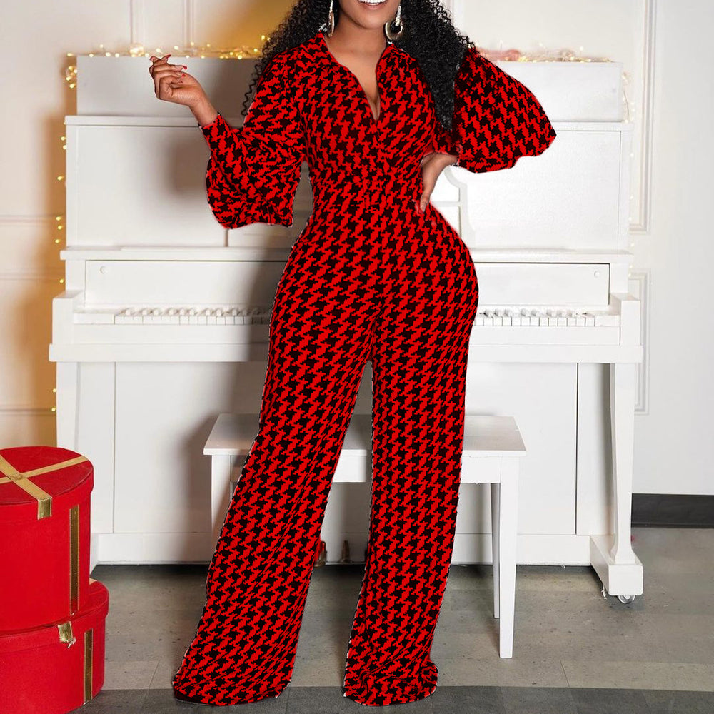 Q050 cross-border women's fashion  new v-neck puff sleeve cinched waist printed wide-leg plus size african european and american jumpsuit