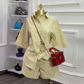 European and american cross-border women's fashion:  autumn new collection - solid color turn-down collar loose-fit short sleeve shirt and wide-leg shorts set