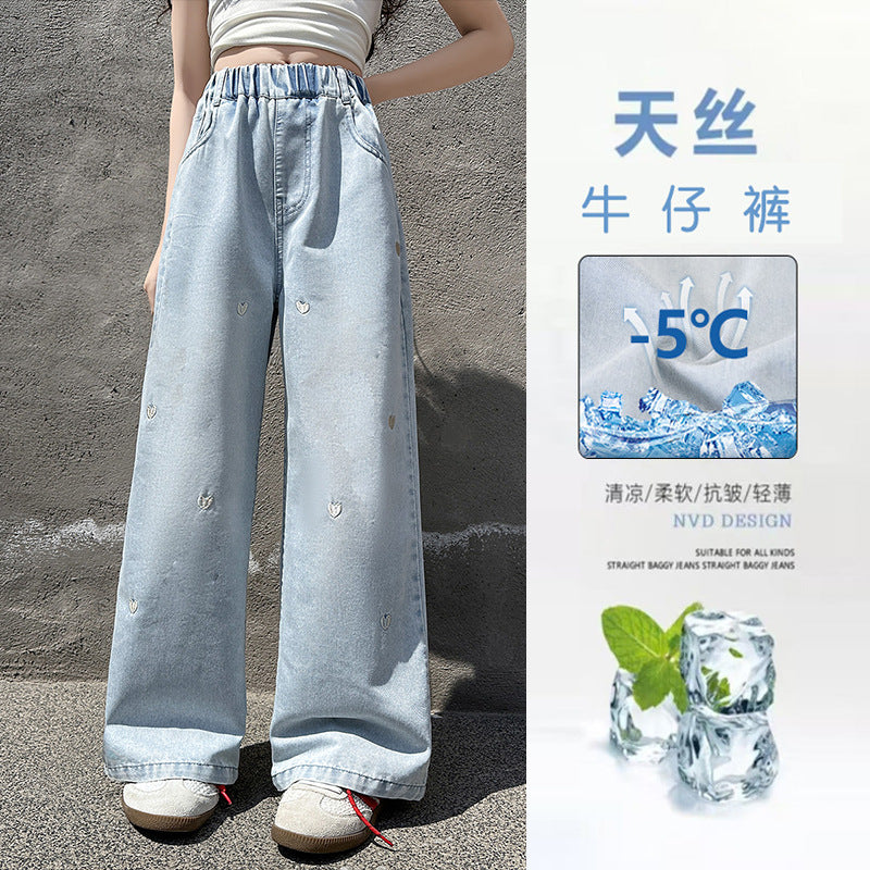 Girls' ice silk denim pants - new  summer collection: loose fit, wide leg, straight leg, lightweight casual pants for kids