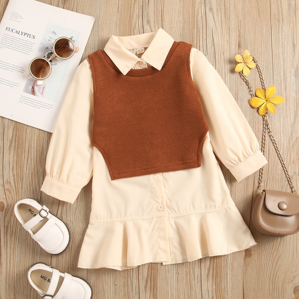 girls' autumn new arrival: collared long-sleeve ruffle princess dress shirt dress knitted vest two-piece set