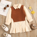 girls' autumn new arrival: collared long-sleeve ruffle princess dress shirt dress knitted vest two-piece set
