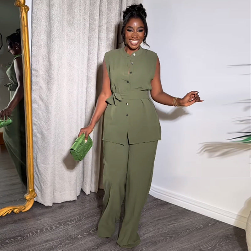 Fashion cross-border women's clothing  summer new arrival stand collar buttoned sleeveless waist tie tops wide leg pants suit