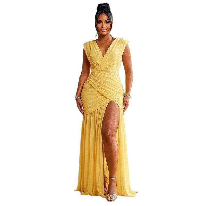 European and american style ins pure color women's slit hem sleeveless waist bag hip skirt v neck pleated  trendy dress
