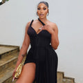 European and american style export fashion elegant women's solid color bodycon asymmetrical skirt slant neck backless slim fit long dress
