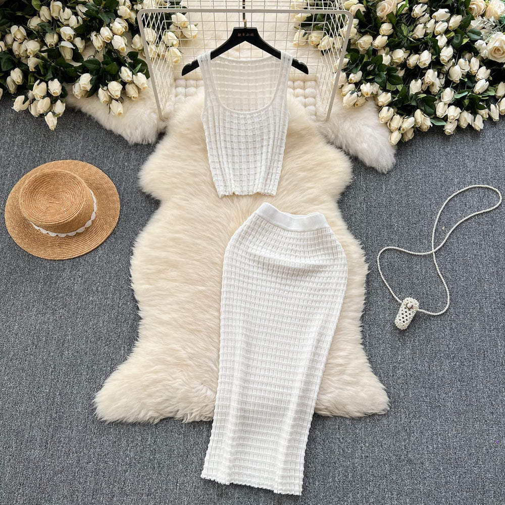 Hong kong style retro hot girl outfit - women's summer cropped tank top & high-waisted midi skirt knit two-piece set