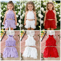 new girls' halter neck off-shoulder tiered skirt pants sweet princess set
