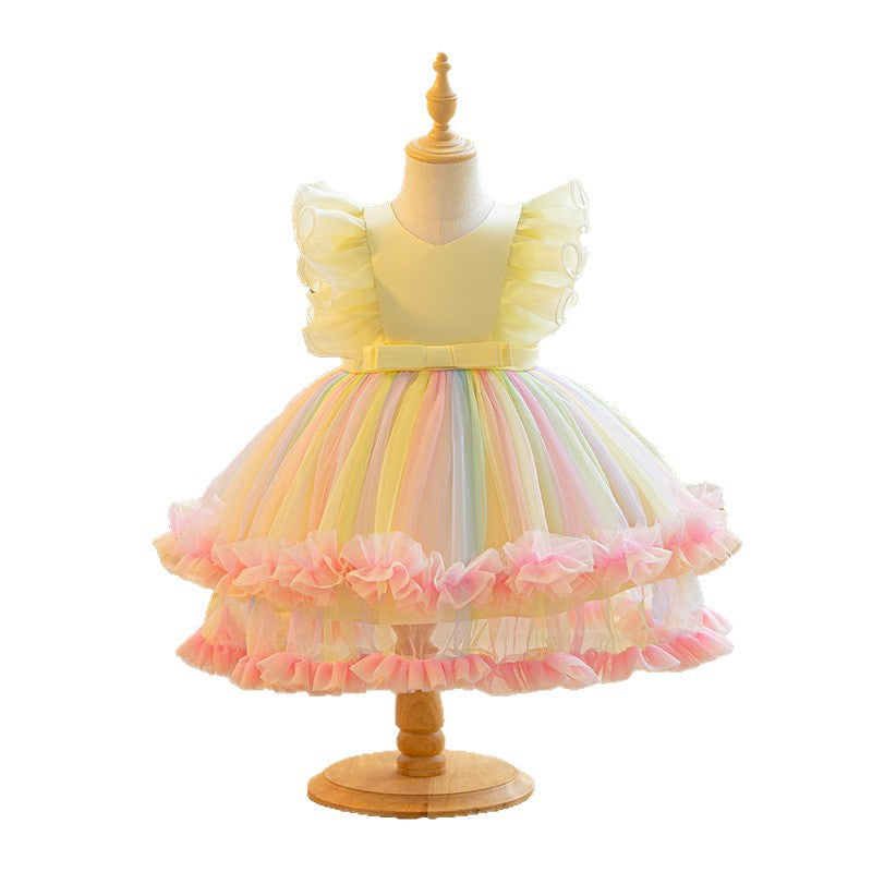 European and american new princess dress mesh print rainbow floral girl's wedding dress party baby's first birthday christening gown