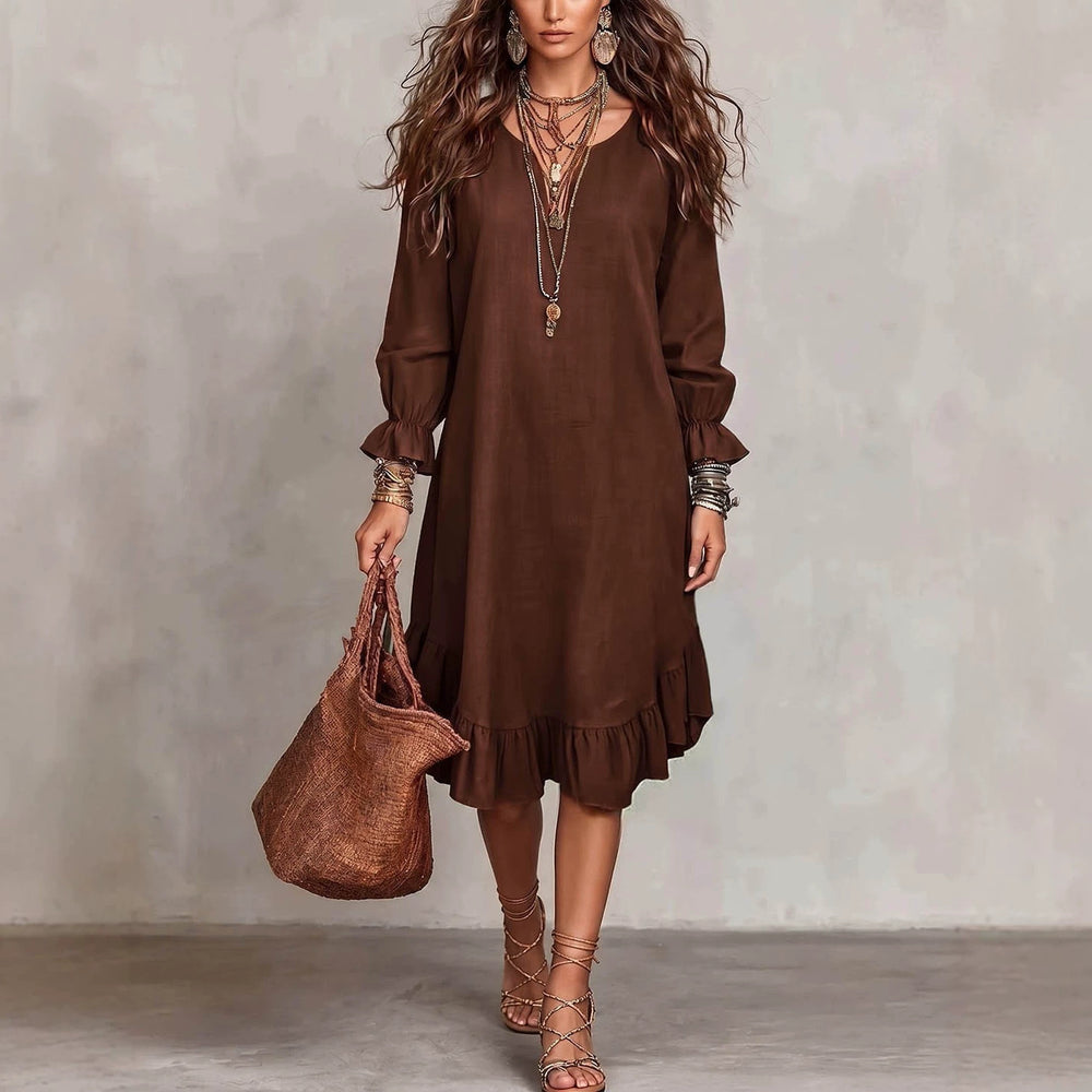 Women's vacation-ready slip dress: relaxed fit, v-neck, slit hem, ruffle trim, midi length - wholesale available