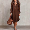 Women's vacation-ready slip dress: relaxed fit, v-neck, slit hem, ruffle trim, midi length - wholesale available