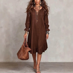 Women's vacation-ready slip dress: relaxed fit, v-neck, slit hem, ruffle trim, midi length - wholesale available