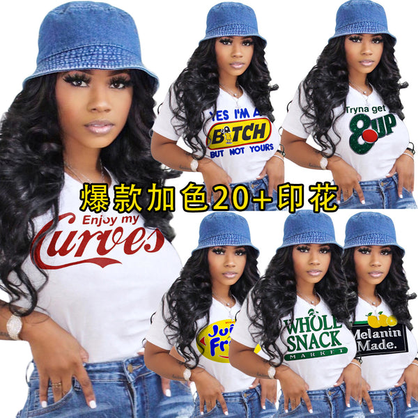 S390099 Cross-border hot sale personalized fashion European and American women's clothing big chest letter pattern printed T-shirt top summer