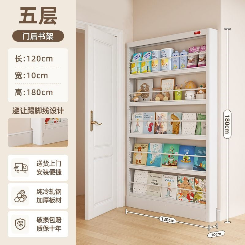 Behind-the-door bookshelf, ultra-slim over-the-door organizer, steel kids' storage rack for picture books, home wall bookshelf