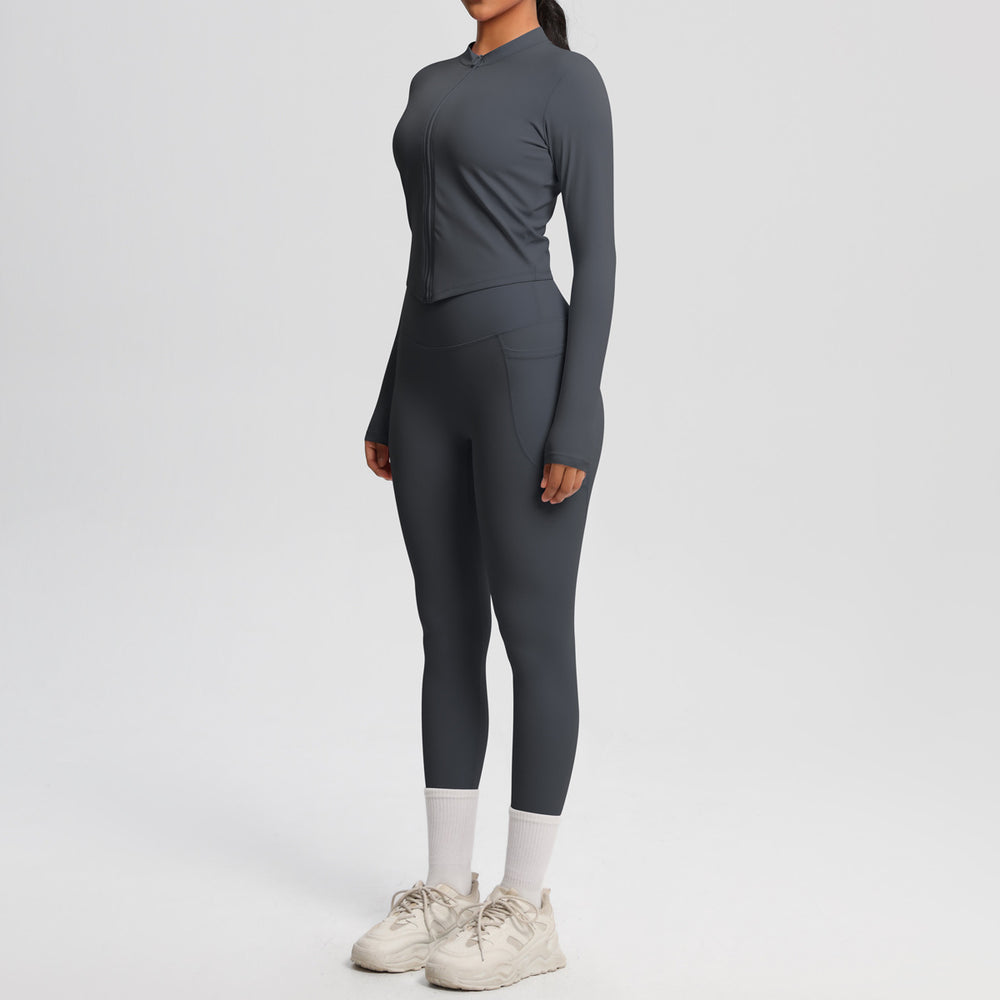 nude double-sided brushed tight long sleeves yoga suit outdoor running slimming look fitness pants sports suit women
