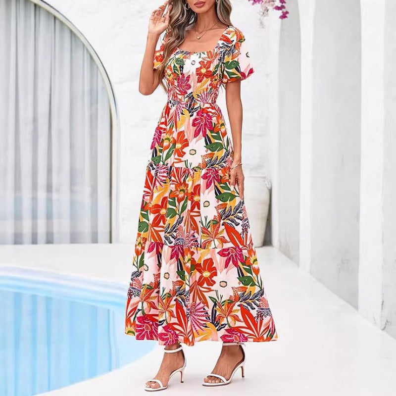 Amazon fashion short-sleeved square neck pleated dresssummernew arrivala-line elegant beach skirt
