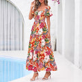 Amazon fashion short-sleeved square neck pleated dresssummernew arrivala-line elegant beach skirt