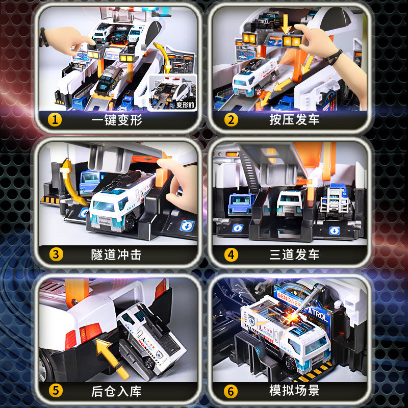 New children's storage scene fire police car deformation ejection track parking lot sound and light puzzle model toy car