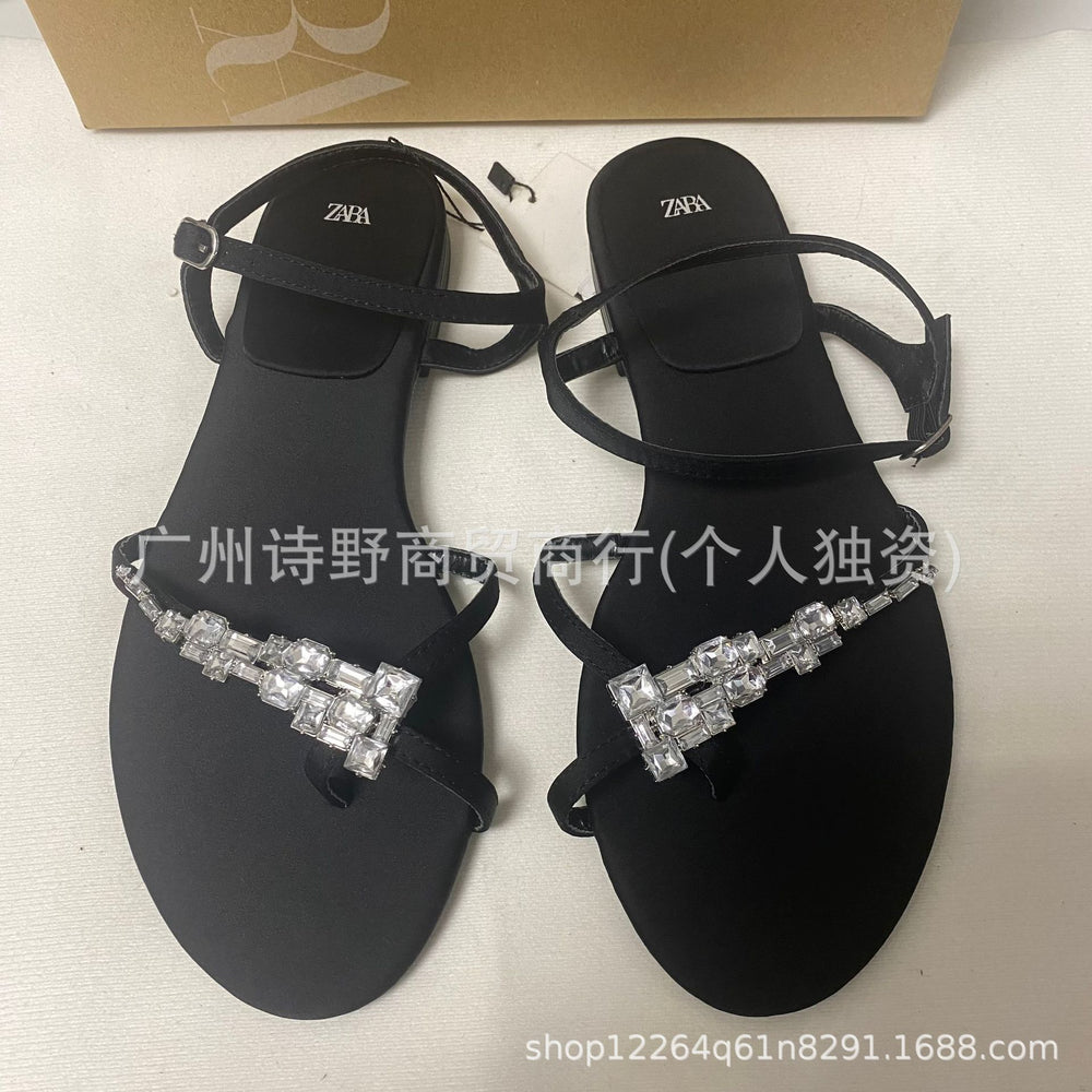 Za2024new arrival rhinestone flip-flop sandals women's summer one-word buckle strap fashioneasiest for matchflats fairy flip-flop slippers
