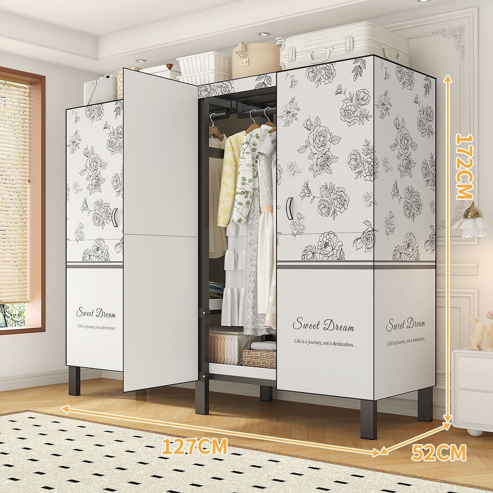 Easy-to-assemble, foldable wardrobe for bedrooms, ideal for home use or rental properties. dustproof, moisture-proof, with reinforced construction, fully sealed, and mildew-resistant. features a convenient swing-out door
