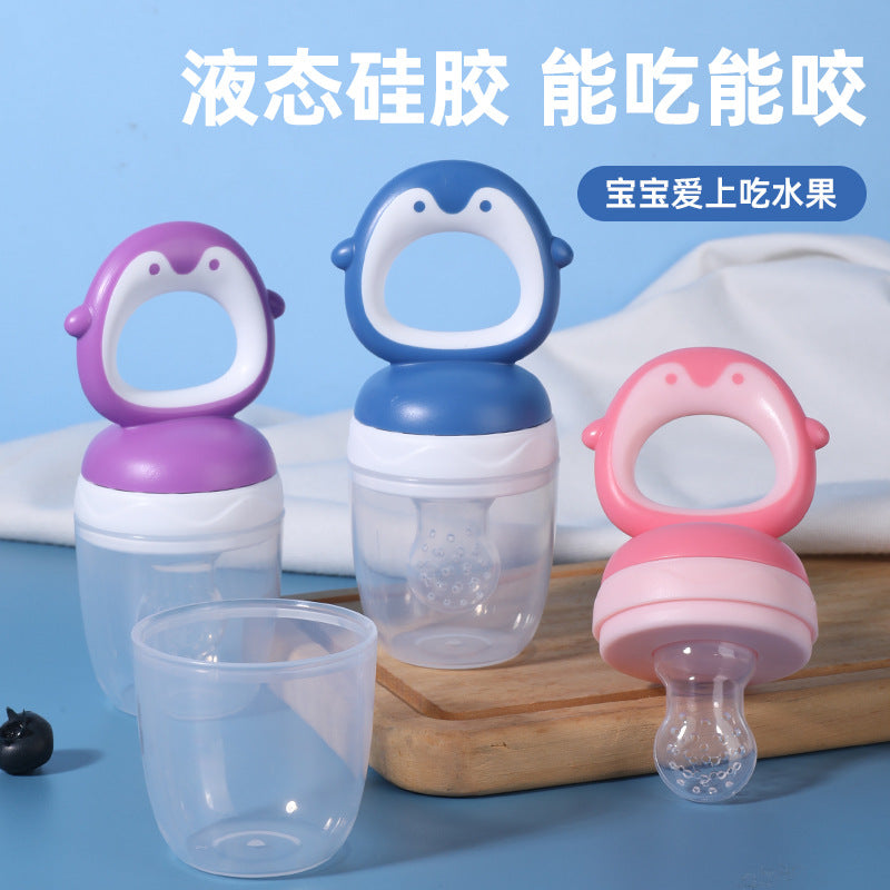 English card baby bite music fruit and vegetable music children's silicone pacifier penguin shape baby fruit complementary food bag factory